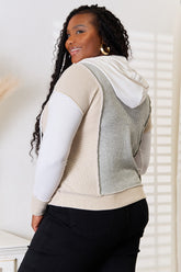 Double Take Color Block Exposed Seam Drawstring Hoodie OutfitFlow